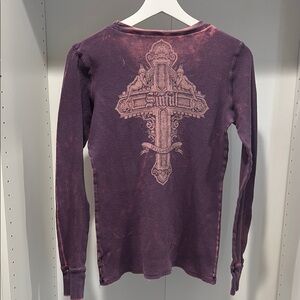 Sinful Purple Distressed Thermal Tunic with Cross Graphic